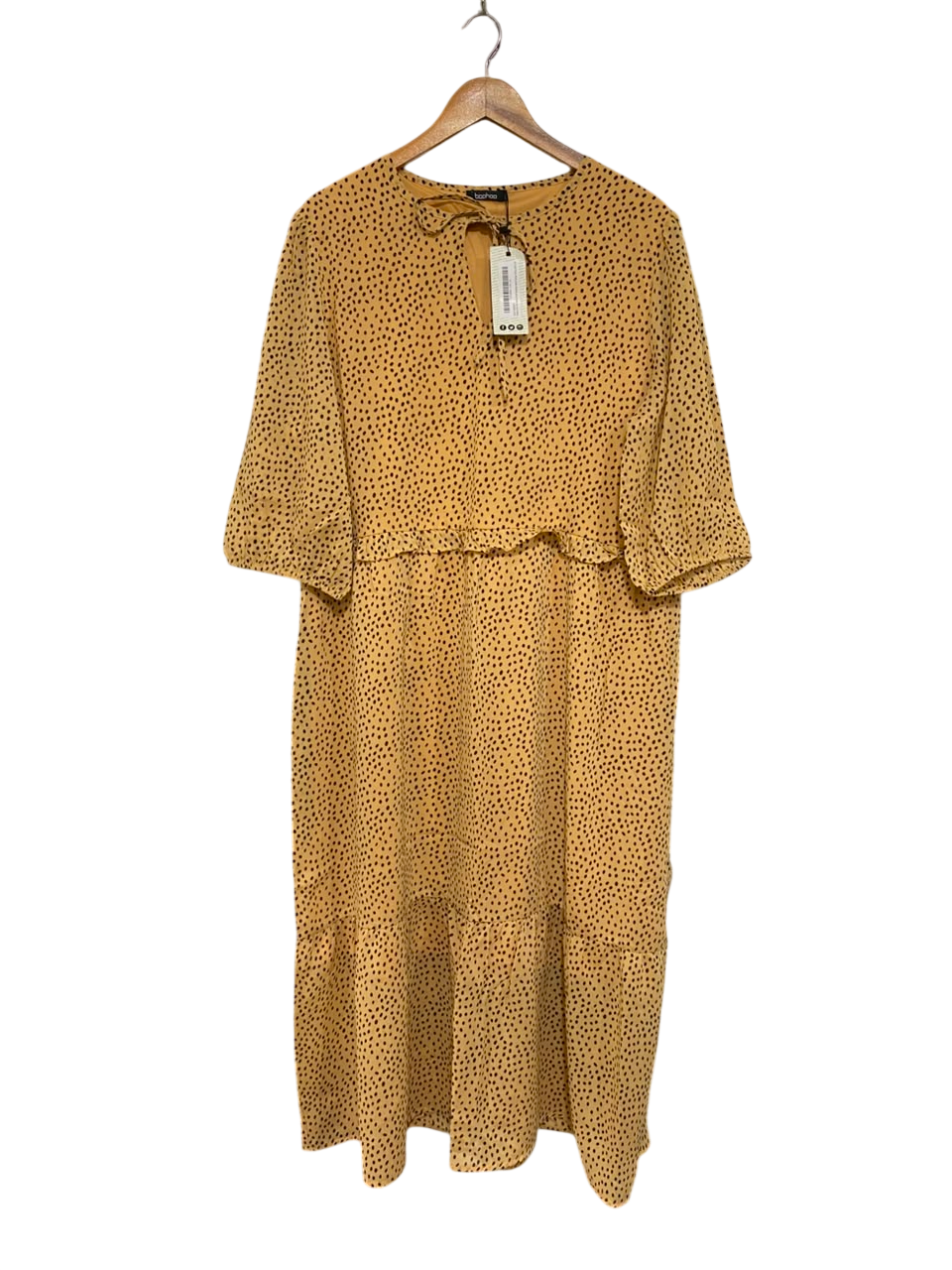 BOOHOO |M| BUST 23| A25| MUSTARD YELLOW SPOTTY TIE-NECK TIERED MIDI DRESS