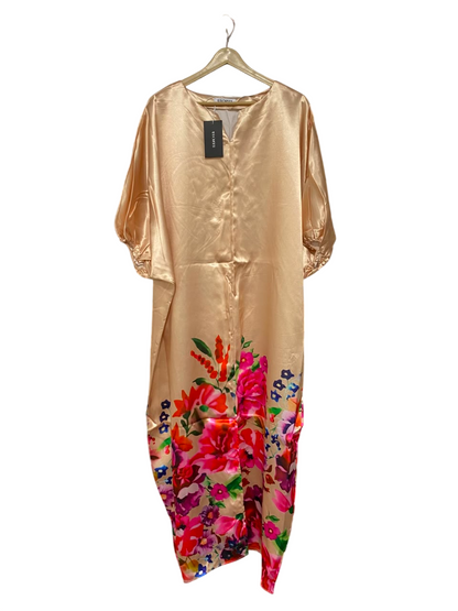 UOOZEE |M| BUST FREE| A25| CHAMPAGNE SATIN VIBRANT FLORAL HEM KAFTAN MAXI DRESS