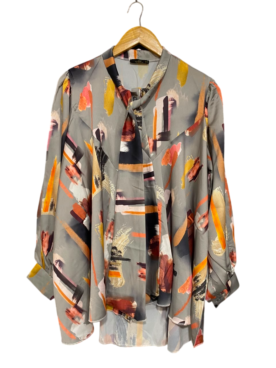 JENERIQUE |M| BUST FREE| A25| ABSTRACT BRUSHSTROKE PRINT TIE-NECK LONG SLEEVE BLOUSE
