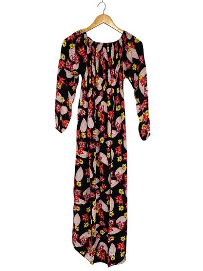 |XS| BUST 11| A25| BLACK AND RED FLORAL SMOCKED LONG SLEEVE BOHEMIAN MAXI DRESS
