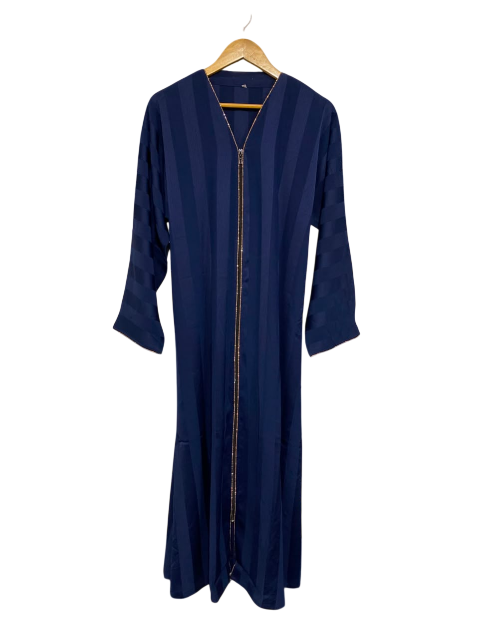 |M| BUST FREE| A25| NAVY BLUE STRIPED FRONT-ZIP LONG SLEEVE MODEST MAXI ABAYA