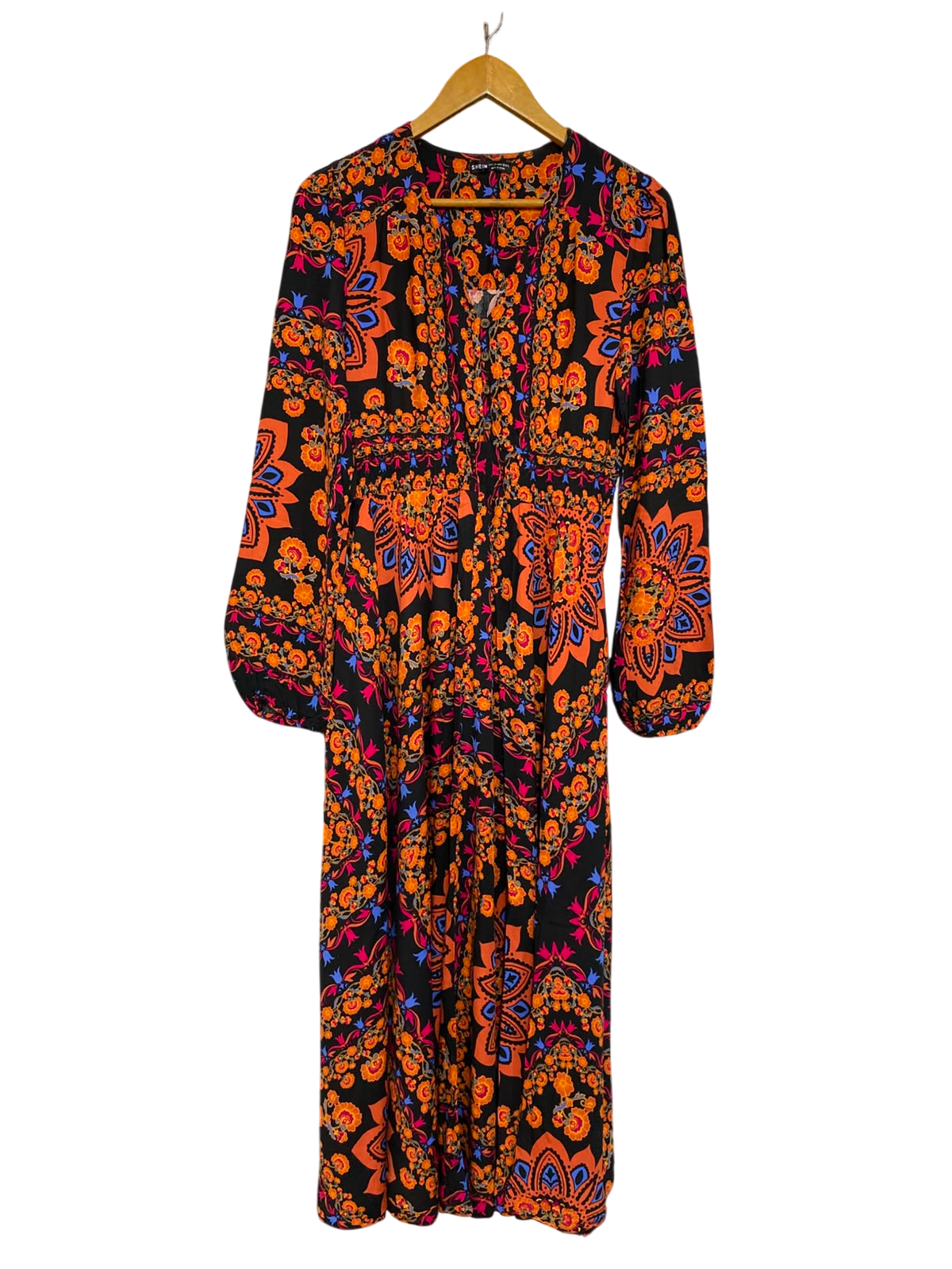 SHEIN |L| BUST 17| A25| BLACK AND ORANGE BOHEMIAN MANDALA PRINT LONG SLEEVE MAXI DRESS