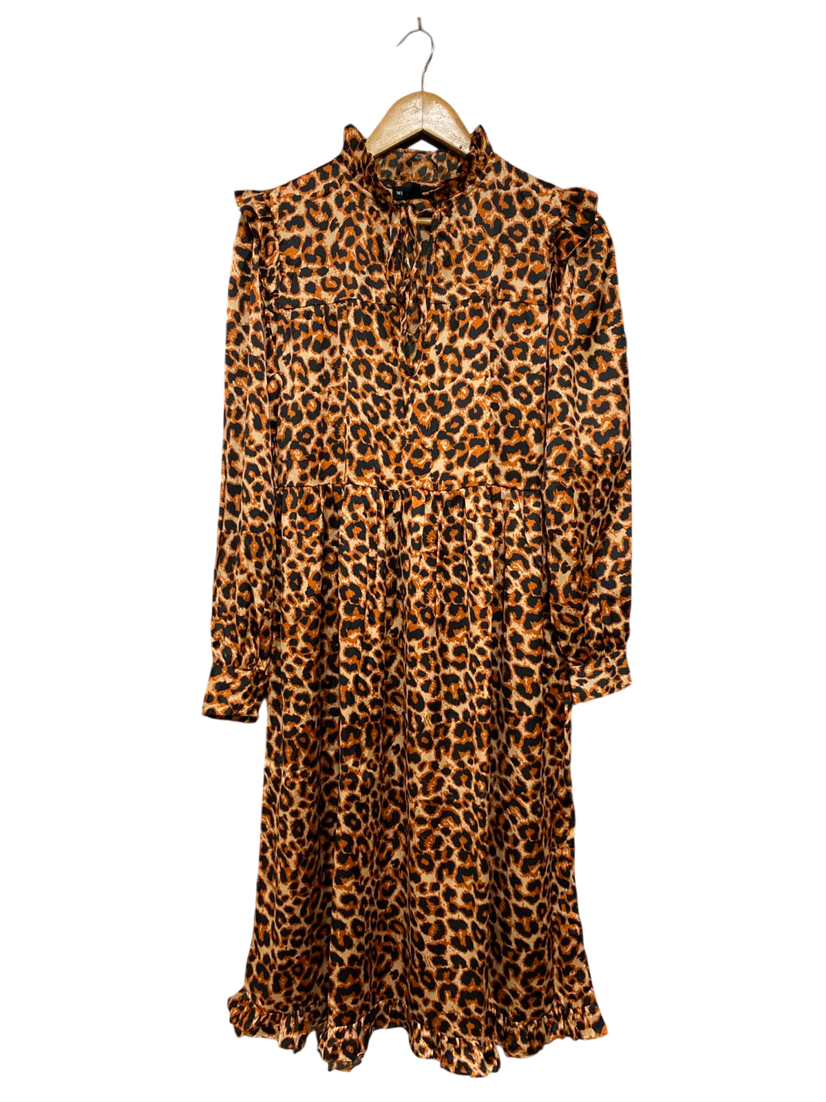 WEDNESDAYS GIRL |S| BUST 19| A25| LEOPARD ANIMAL PRINT RUFFLED NECKLINE LONG SLEEVE MIDI DRESS