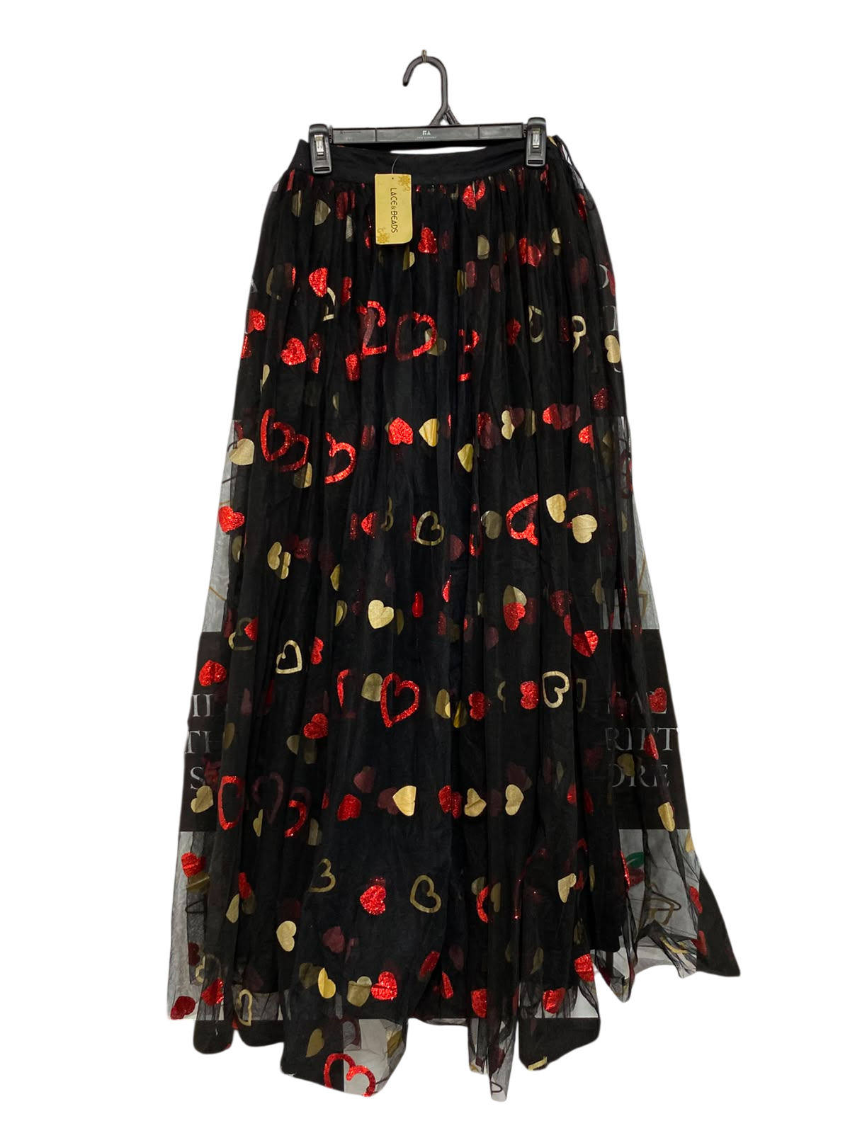 LACE & BEADS |S| WAIST 25| A25| BLACK TULLD GLITTERING RED AND GOLD HEARTS MAXI SKIRT