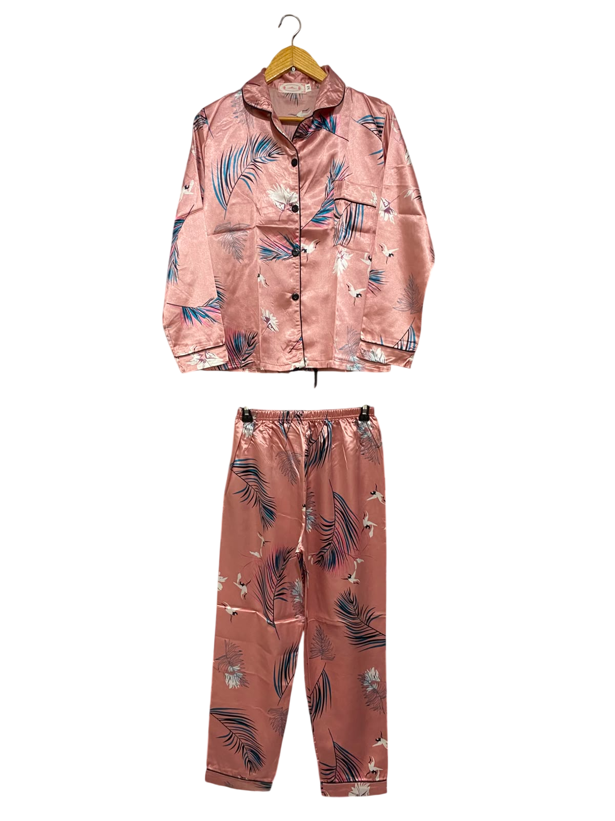 |M| A25| ROSE PINK TROPICAL PALM AND CRANE PRINT SATIN PAJAMA LOUNGEWEAR SET