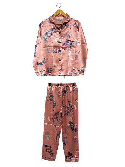 |M| A25| ROSE PINK TROPICAL PALM AND CRANE PRINT SATIN PAJAMA LOUNGEWEAR SET