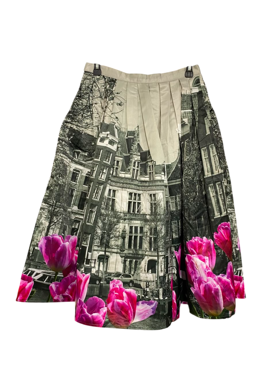 CHIWISH |L| WAIST 28| A25| AMSTERDAM ARCHITECTURE AND PINK TULIPS PLEATED MIDI SKIRT