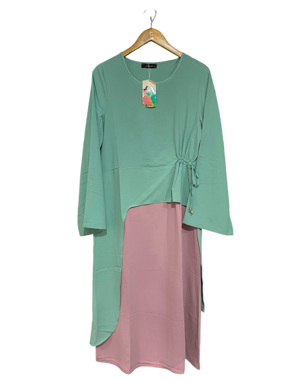 GDG ACTUEL |L| BUST 20| A25| MINT GREEN AND DUSTY ROSE LAYERED ASYMMETRIC LONG SLEEVE DRESS