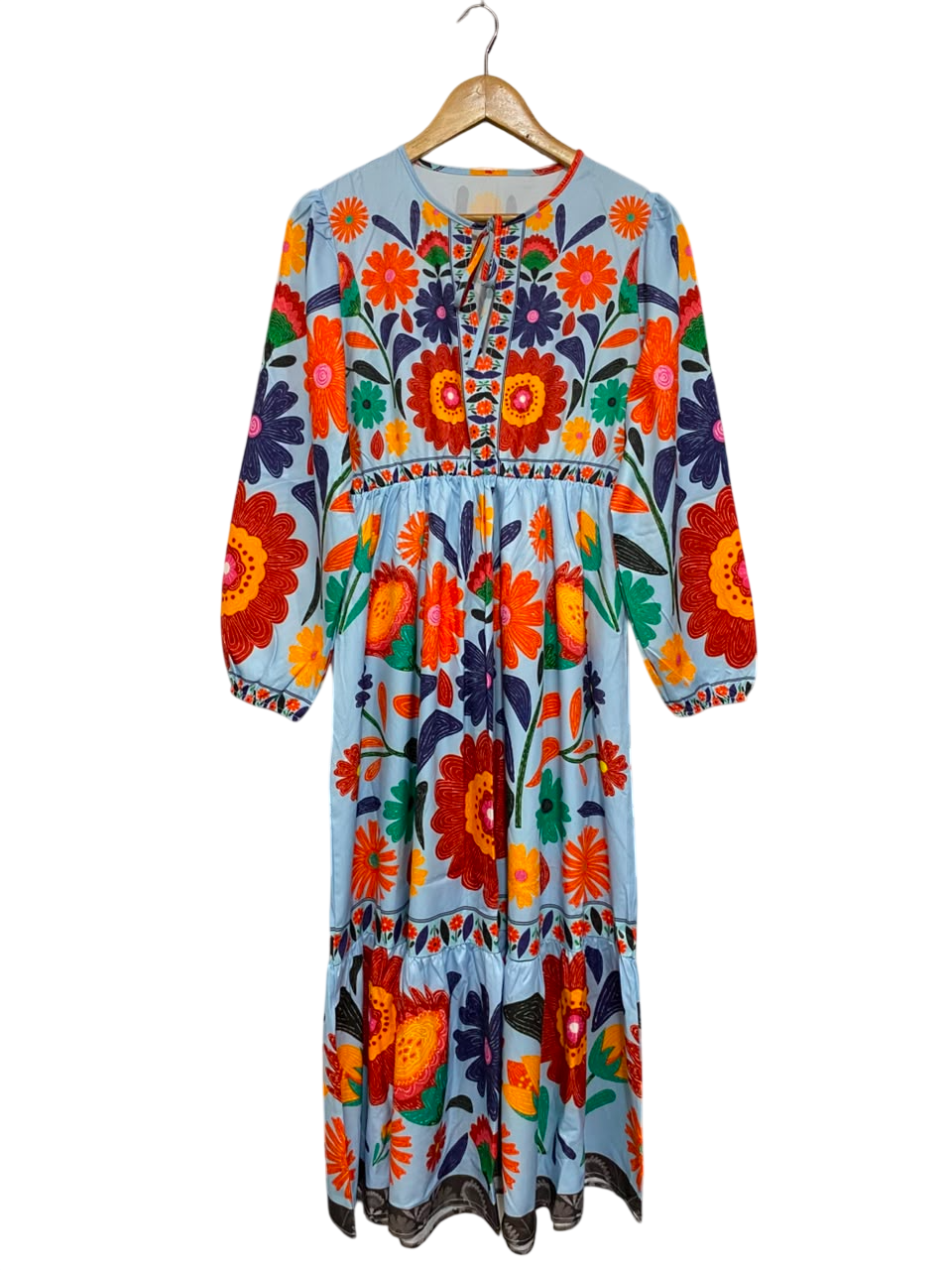 |L| BUST 19| A25| LIGHT BLUE FOLK FLORAL EMBROIDERY STYLE LONG SLEEVE MAXI DRESS