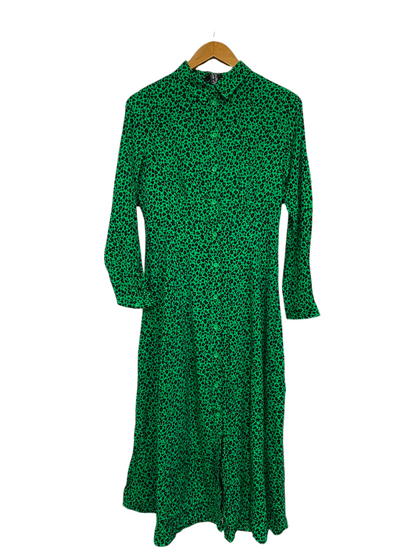 NEW LOOK |M| BUST 17| A26| GREEN BLACK LEOPARD ANIMAL PRINT BUTTON-DOWN SHIRT MIDI DRESS