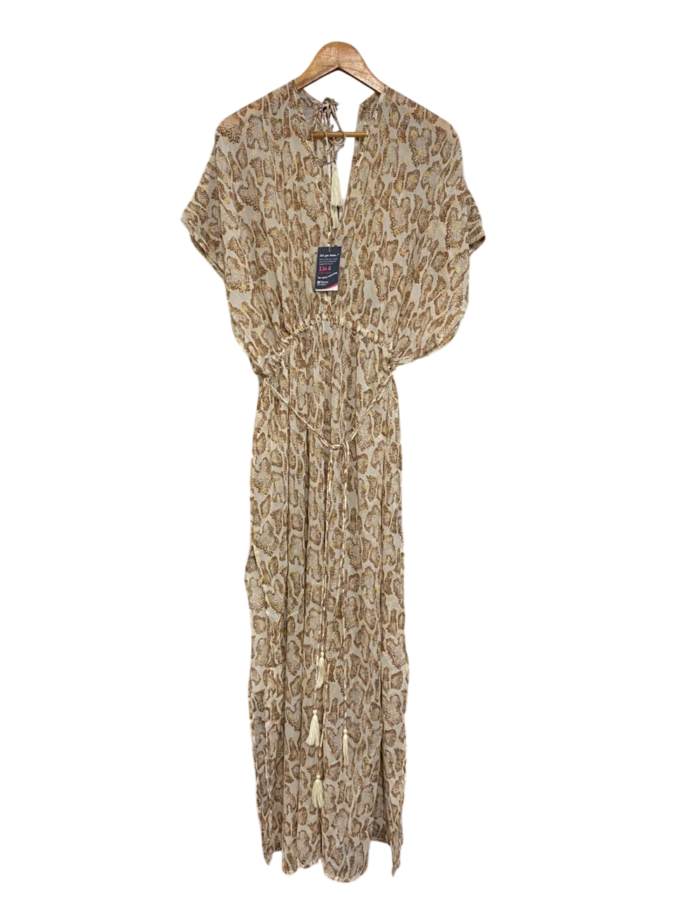 BOOHOO |M| BUST FREE| A26| GOLD ANIMAL PRINT V-NECK TASSEL TIE WAIST MAXI DRESS