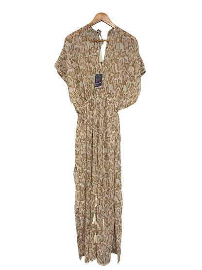 BOOHOO |M| BUST FREE| A26| GOLD ANIMAL PRINT V-NECK TASSEL TIE WAIST MAXI DRESS