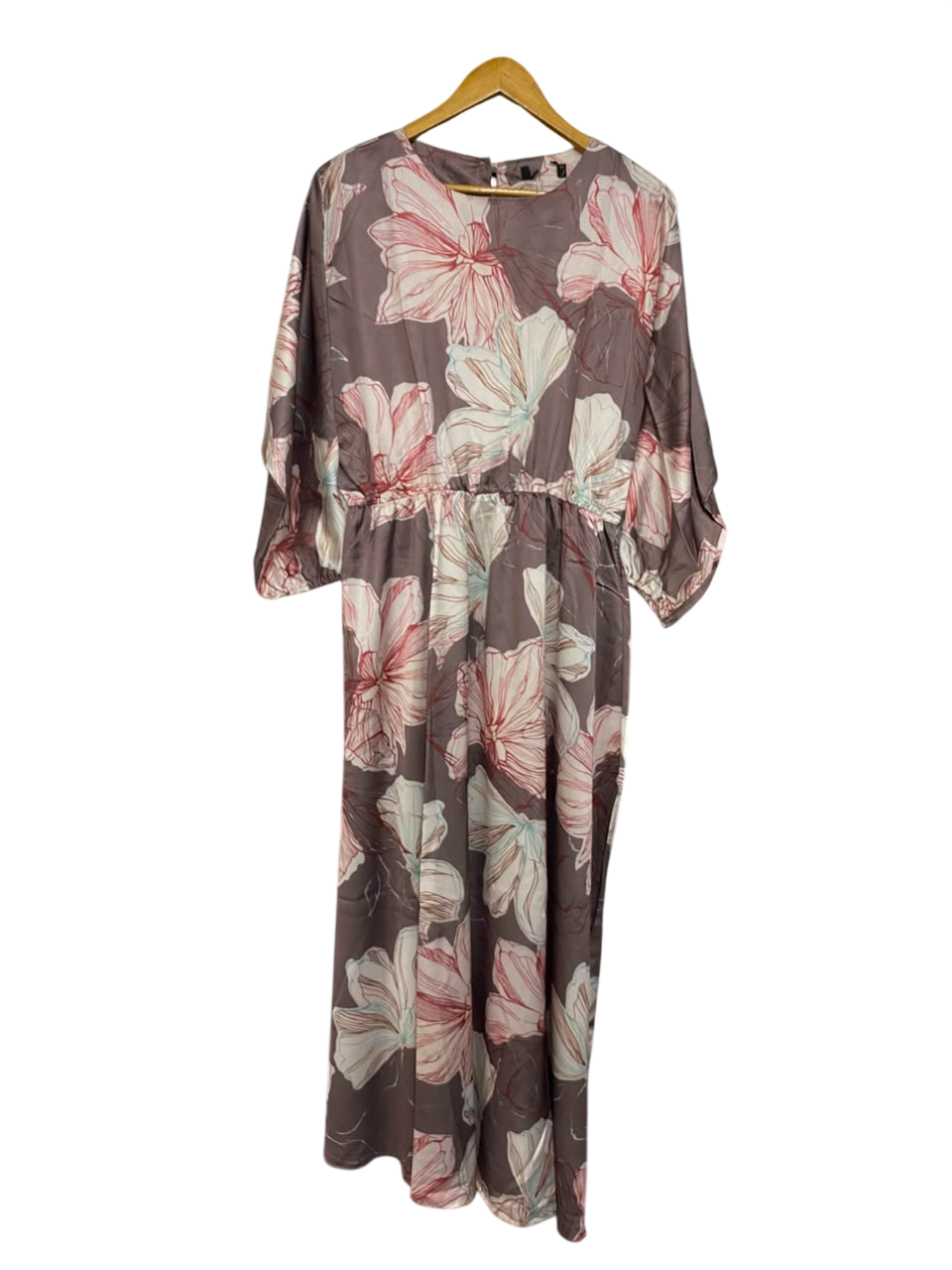 |M| BUST FREE| A26| MAUVE PINK LARGE FLORAL PRINT ROUND NECK LONG SLEEVE MAXI DRESS