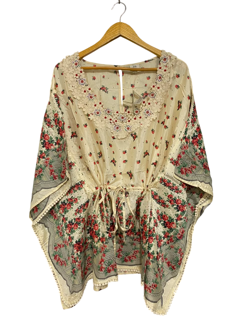 RIVER ISLAND |L| BUST FREE| A26| CREAM RED FLORAL LACE TRIM TIE WAIST PONCHO TOP