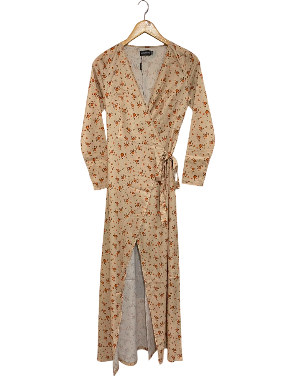 PRETTYLITTLE THING |S| BUST 15| A26| NUDE ORANGE FLORAL WRAP LONG SLEEVE MAXI DRESS WITH SPLIT