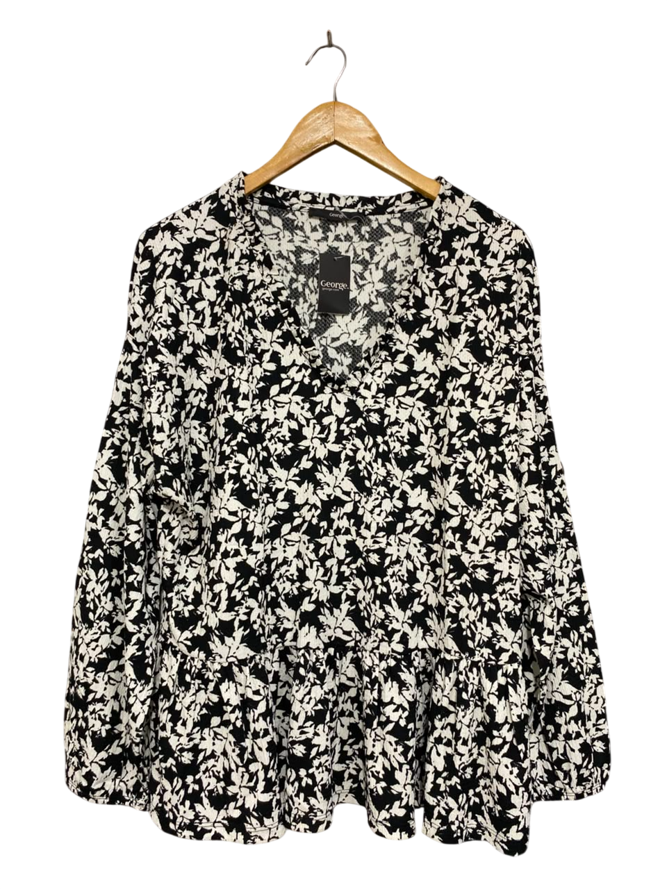 GEORGE |L| BUST 23| A26| BLACK AND WHITE FLORAL V-NECK PEPLUM LONG SLEEVE BLOUSE