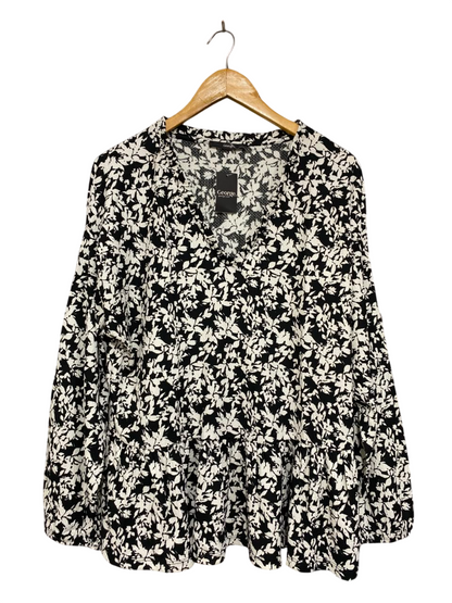 GEORGE |L| BUST 23| A26| BLACK AND WHITE FLORAL V-NECK PEPLUM LONG SLEEVE BLOUSE