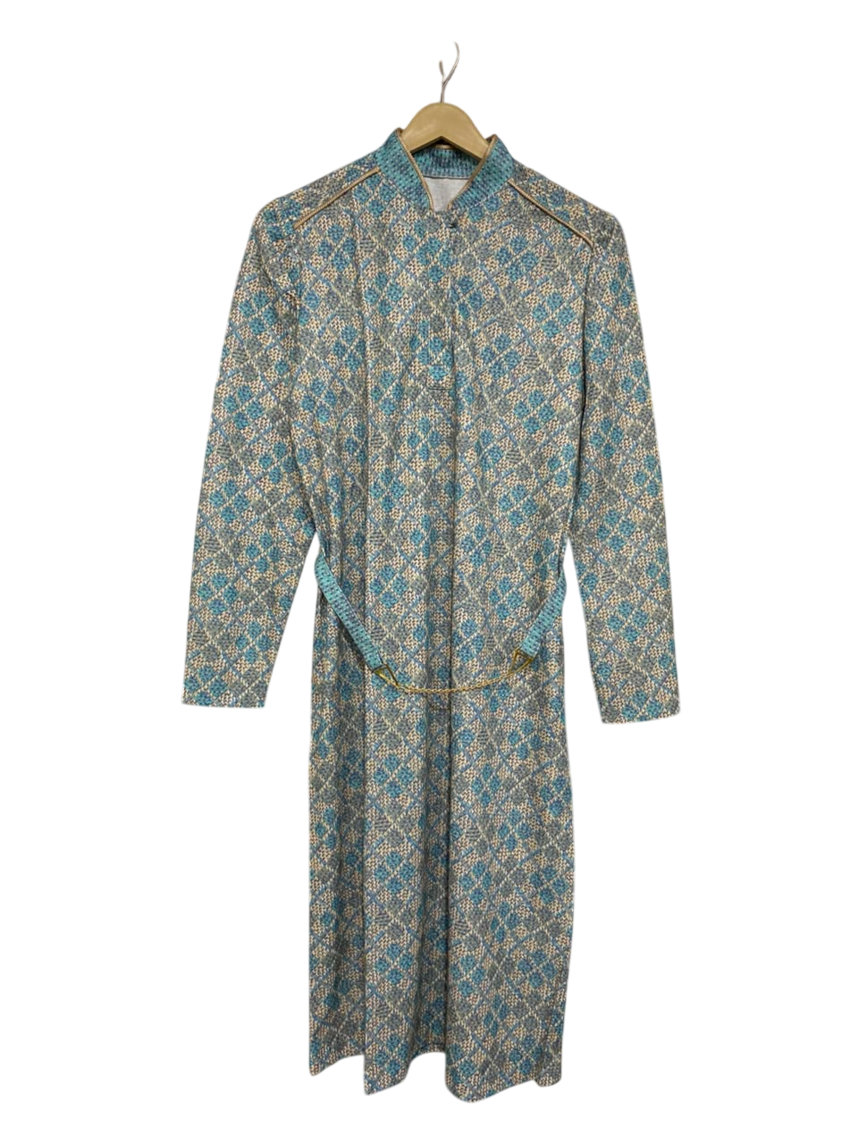 |M| BUST 18| A26| BLUE AND BEIGE GEOMETRIC PRINT STAND COLLAR LONG SLEEVE MAXI DRESS WITH BELT