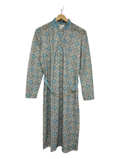 |M| BUST 18| A26| BLUE AND BEIGE GEOMETRIC PRINT STAND COLLAR LONG SLEEVE MAXI DRESS WITH BELT