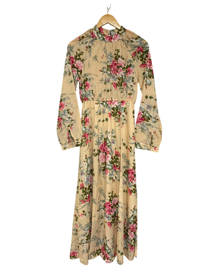 |S| BUST 17| A26| CREAM PINK FLORAL MOCK NECK LONG SLEEVE MAXI DRESS