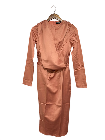 PRETTYLITTLE THING |S| BUST 15| A26| ROSE PINK SATIN DRAPE SHOULDER LONG SLEEVE MIDI DRESS