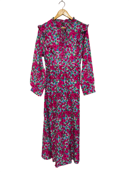 SHEIN |XL| BUST 20| A26| MAGENTA FLORAL RUFFLE TRIM LONG SLEEVE MAXI DRESS