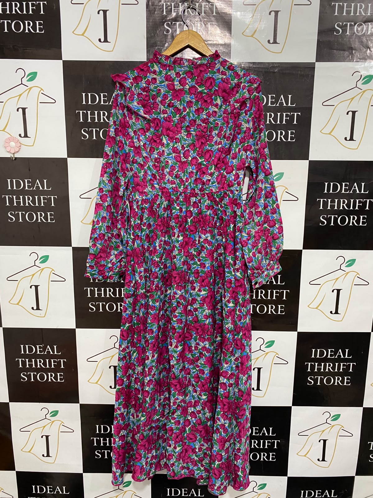 SHEIN |XL| BUST 20| A26| MAGENTA FLORAL RUFFLE TRIM LONG SLEEVE MAXI DRESS