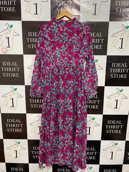 SHEIN |XL| BUST 20| A26| MAGENTA FLORAL RUFFLE TRIM LONG SLEEVE MAXI DRESS
