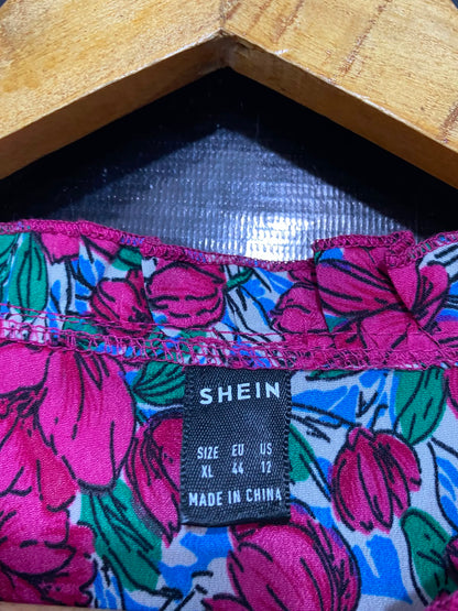 SHEIN |XL| BUST 20| A26| MAGENTA FLORAL RUFFLE TRIM LONG SLEEVE MAXI DRESS