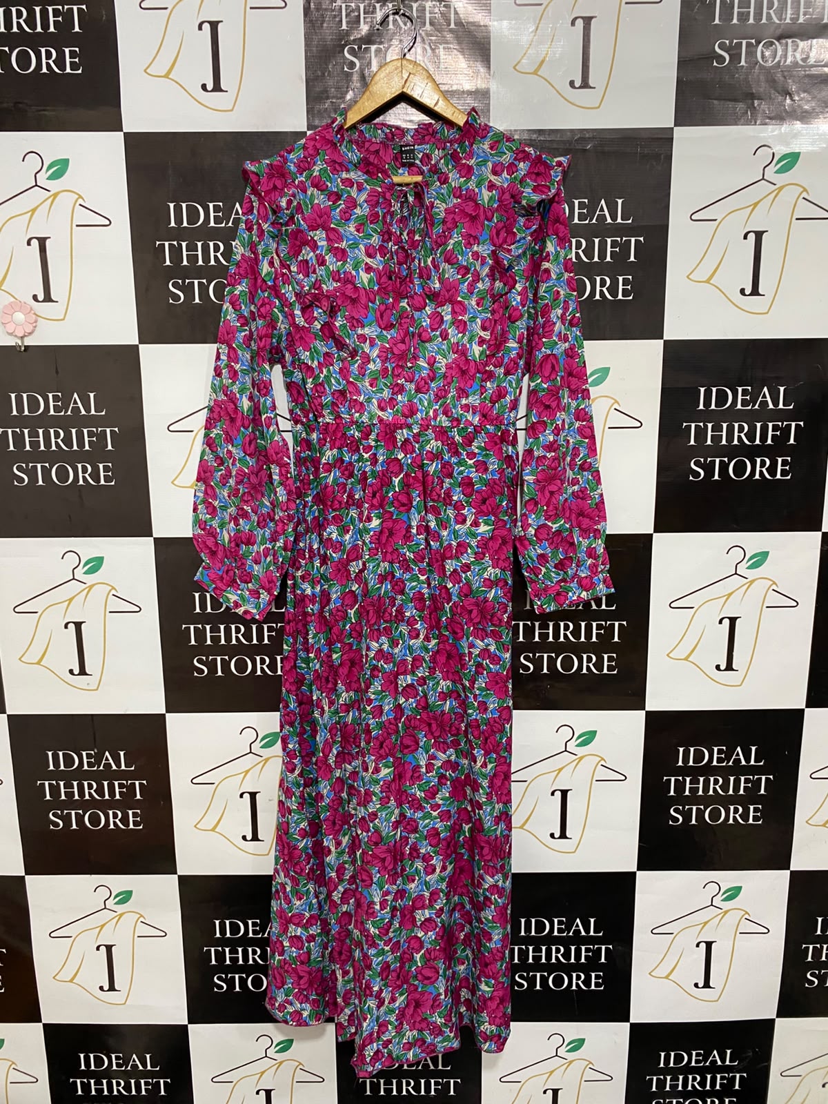 SHEIN |XL| BUST 20| A26| MAGENTA FLORAL RUFFLE TRIM LONG SLEEVE MAXI DRESS