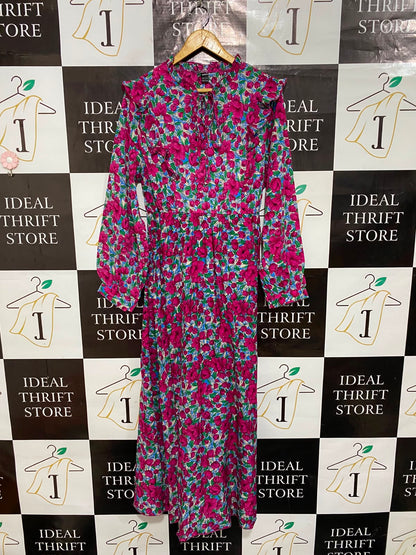 SHEIN |XL| BUST 20| A26| MAGENTA FLORAL RUFFLE TRIM LONG SLEEVE MAXI DRESS