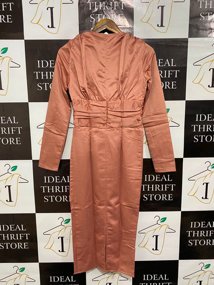 PRETTYLITTLE THING |S| BUST 15| A26| ROSE PINK SATIN DRAPE SHOULDER LONG SLEEVE MIDI DRESS