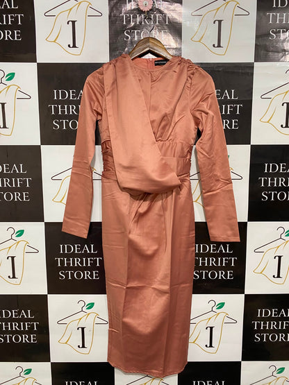 PRETTYLITTLE THING |S| BUST 15| A26| ROSE PINK SATIN DRAPE SHOULDER LONG SLEEVE MIDI DRESS