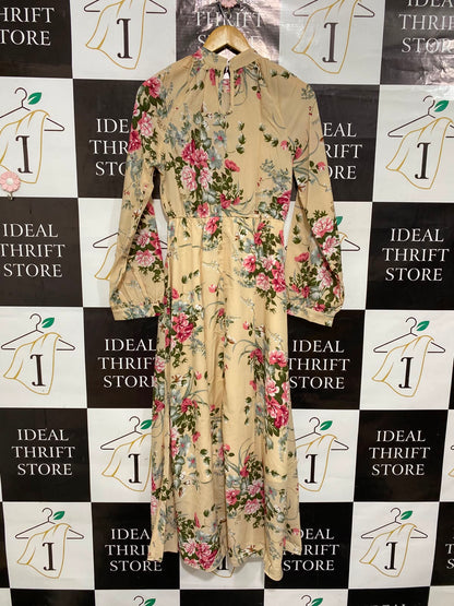 |S| BUST 17| A26| CREAM PINK FLORAL MOCK NECK LONG SLEEVE MAXI DRESS