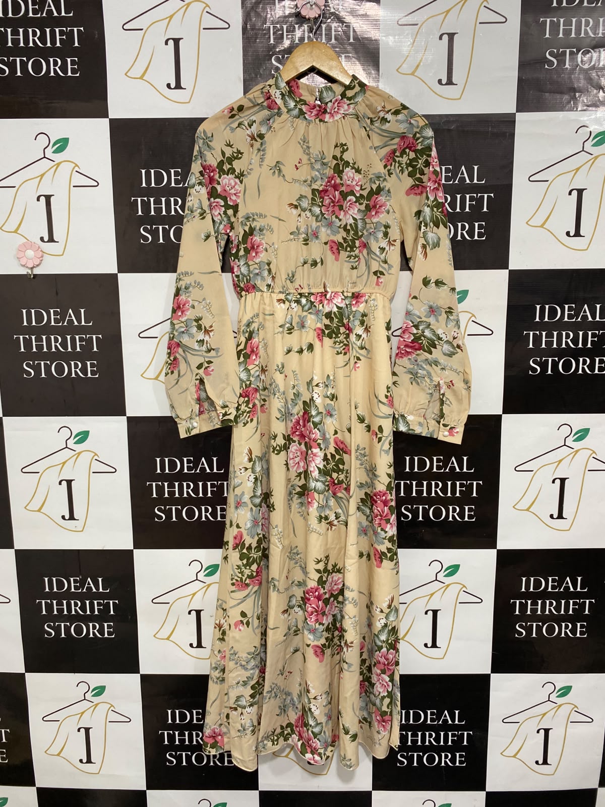 |S| BUST 17| A26| CREAM PINK FLORAL MOCK NECK LONG SLEEVE MAXI DRESS