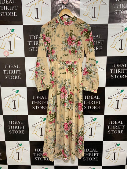 |S| BUST 17| A26| CREAM PINK FLORAL MOCK NECK LONG SLEEVE MAXI DRESS