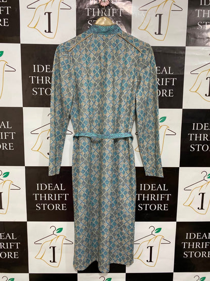 |M| BUST 18| A26| BLUE AND BEIGE GEOMETRIC PRINT STAND COLLAR LONG SLEEVE MAXI DRESS WITH BELT