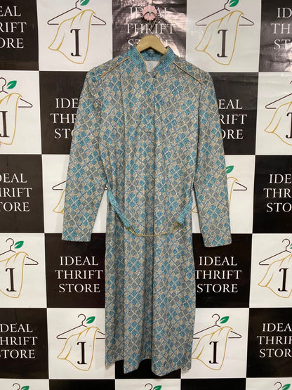 |M| BUST 18| A26| BLUE AND BEIGE GEOMETRIC PRINT STAND COLLAR LONG SLEEVE MAXI DRESS WITH BELT