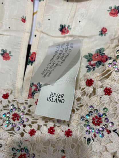 RIVER ISLAND |L| BUST FREE| A26| CREAM RED FLORAL LACE TRIM TIE WAIST PONCHO TOP