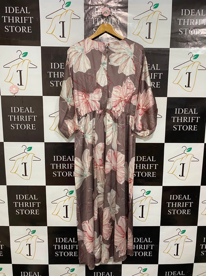 |M| BUST FREE| A26| MAUVE PINK LARGE FLORAL PRINT ROUND NECK LONG SLEEVE MAXI DRESS
