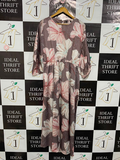 |M| BUST FREE| A26| MAUVE PINK LARGE FLORAL PRINT ROUND NECK LONG SLEEVE MAXI DRESS