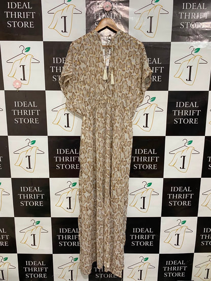 BOOHOO |M| BUST FREE| A26| GOLD ANIMAL PRINT V-NECK TASSEL TIE WAIST MAXI DRESS