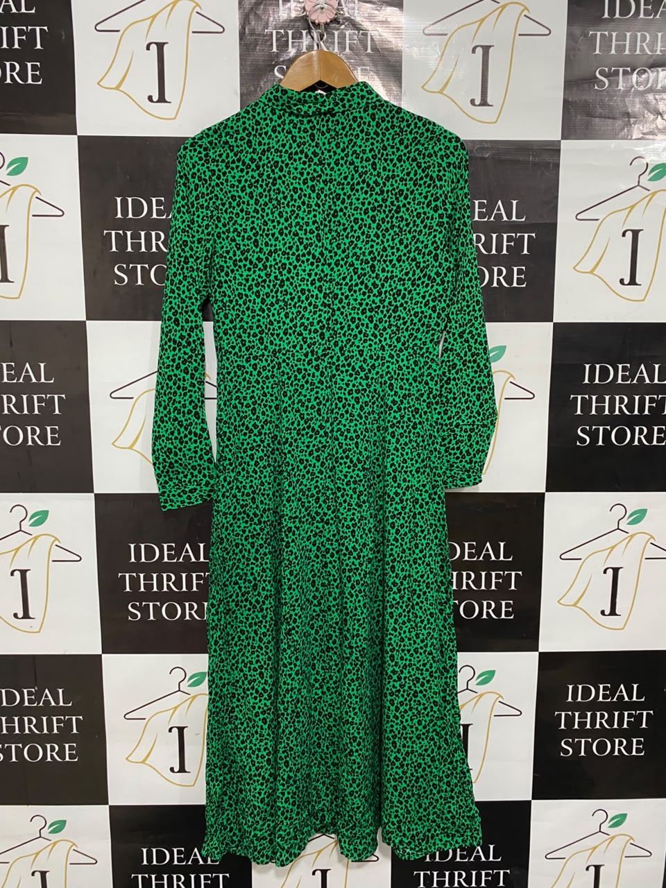 NEW LOOK |M| BUST 17| A26| GREEN BLACK LEOPARD ANIMAL PRINT BUTTON-DOWN SHIRT MIDI DRESS