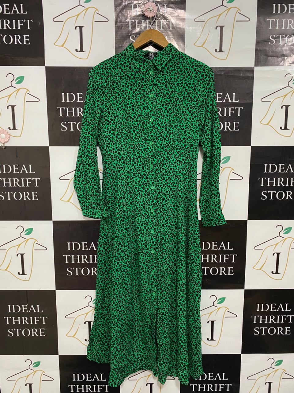 NEW LOOK |M| BUST 17| A26| GREEN BLACK LEOPARD ANIMAL PRINT BUTTON-DOWN SHIRT MIDI DRESS