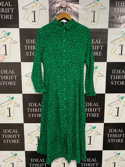NEW LOOK |M| BUST 17| A26| GREEN BLACK LEOPARD ANIMAL PRINT BUTTON-DOWN SHIRT MIDI DRESS