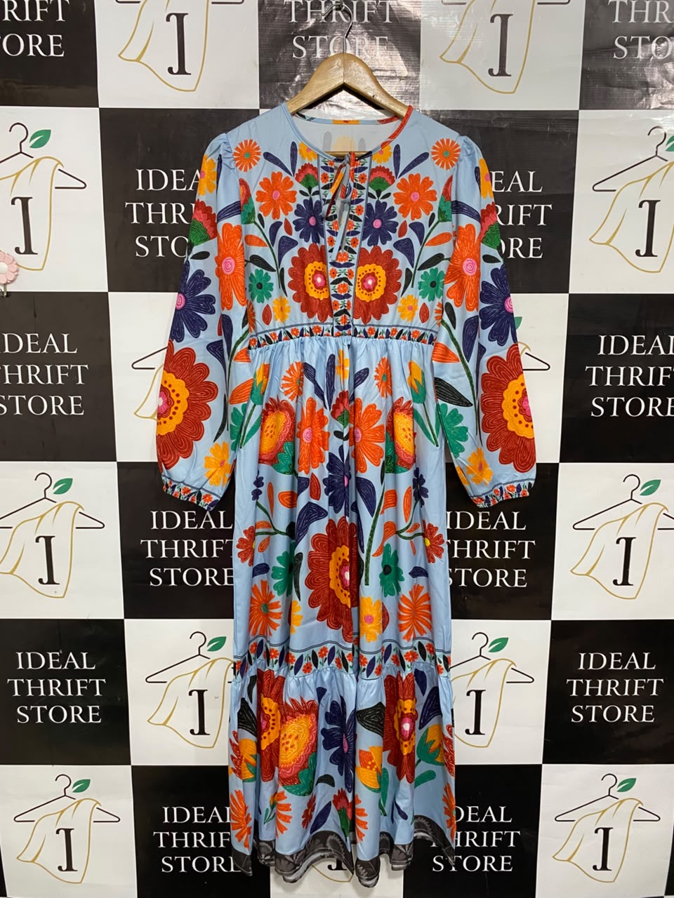|L| BUST 19| A25| LIGHT BLUE FOLK FLORAL EMBROIDERY STYLE LONG SLEEVE MAXI DRESS