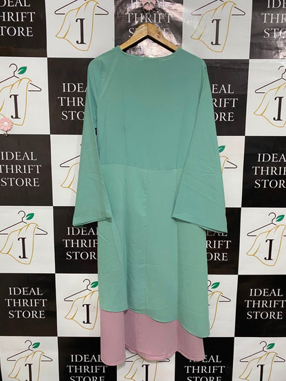 GDG ACTUEL |L| BUST 20| A25| MINT GREEN AND DUSTY ROSE LAYERED ASYMMETRIC LONG SLEEVE DRESS