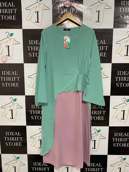 GDG ACTUEL |L| BUST 20| A25| MINT GREEN AND DUSTY ROSE LAYERED ASYMMETRIC LONG SLEEVE DRESS