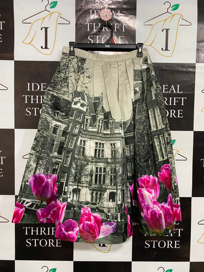 CHIWISH |L| WAIST 28| A25| AMSTERDAM ARCHITECTURE AND PINK TULIPS PLEATED MIDI SKIRT