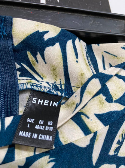 SHEIN |L| WAIST 30| A25| NAVY BLUE AND WHITE TROPICAL LEAF PRINT WIDE LEG PALAZZO PANTS